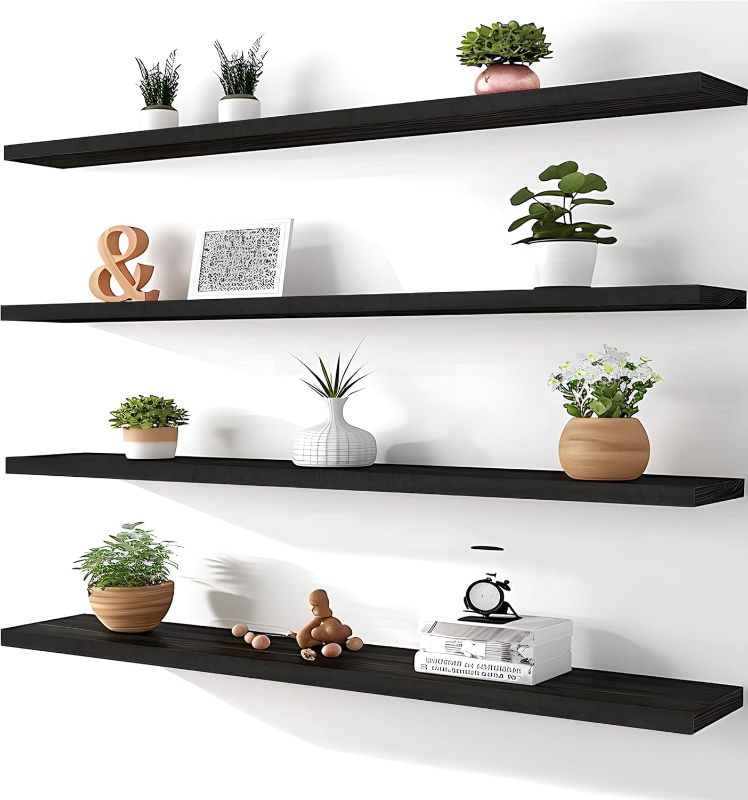 Photo 1 of 48 Inch Floating Shelves for Wall, Wood Wall Shelves for Bedroom, Black Set of 4
