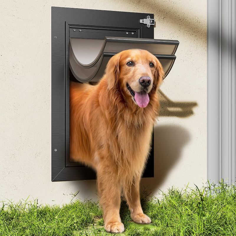 Photo 1 of Dog Door for Wall, All Aluminum Large Doggy Door Doggie door, Pet Door Easy to Install, 2 Magnetic Flaps Energy Efficient, Wide Telescoping Tunnel for Interior & Exterior Walls, Pet Up to 110 Lb-Black
