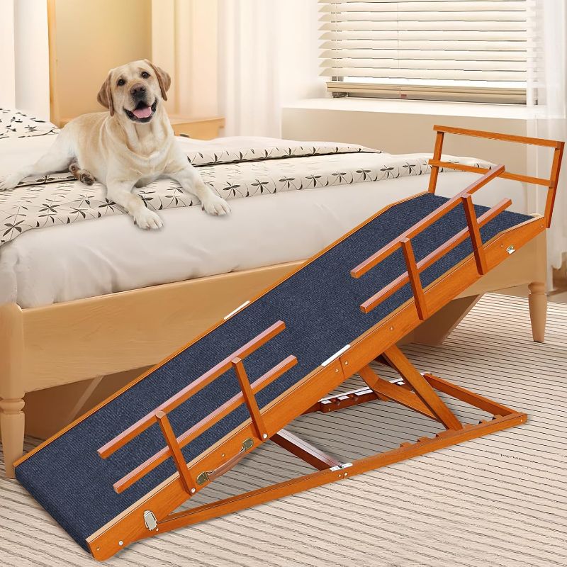 Photo 1 of Large Dog Ramp Bed Couch: JOPAVO Wooden Indoor Pet Ramps, 65 Inch Long 5-level High Adjustable from 18" to 32" Tall, Foldable with Non-Slip Replaceable Carpet, Safety Rail for Small Doggy Bedroom Sofa
