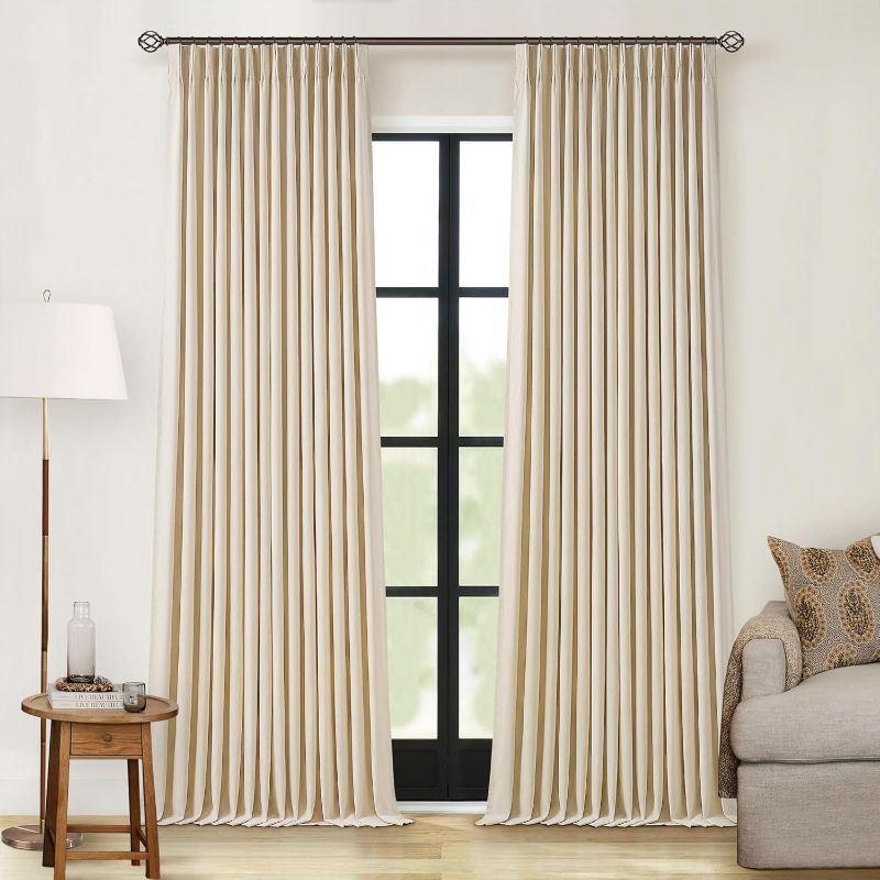 Photo 1 of Pinch Pleated Curtains 102 Inch Length Linen Blackout Drapes Back Tab Thermal Insulated Boho Farmhouse Living Room Bedroom 100% Black Out Window Curtains with Lining Sliding Door 2 Panels Sand Beige
