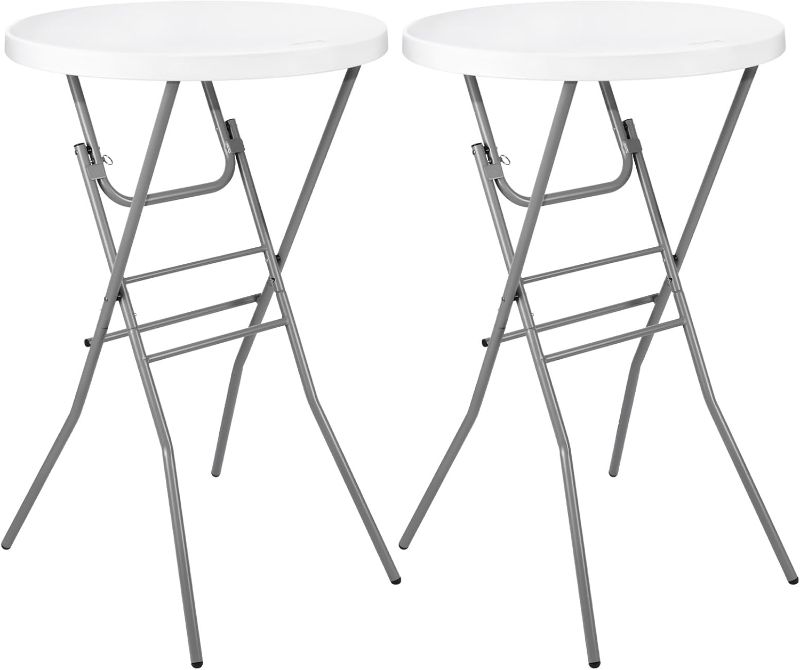 Photo 1 of Cocktail Table 28in Folding Round High Top Indoor Outdoor with Removable Legs, Tall Bistro Foldable Bar Height Table for Parties, Patio, Backyard, Dining, Wedding, White- 2PCS
