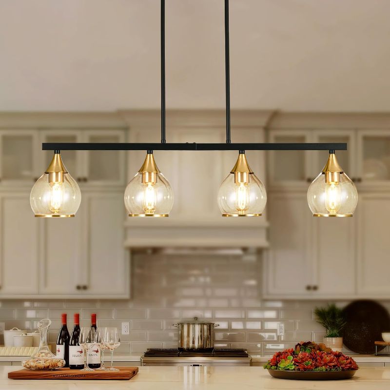 Photo 1 of Island Light for Kitchen, 4-Light Black and Gold Kitchen Island Farmhouse Linear Hanging Pendant Chandeliers, Matte Black Dining Room Light Fixture Over Table with Clear Round Glass Shades
