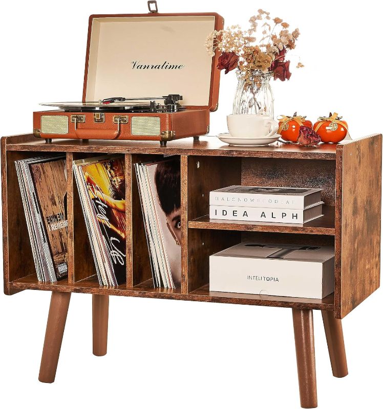 Photo 1 of Record Player Stand with Vinyl Storage Holds Up to 300lb, Large Record Player Table Cabinet for Album Storage with Holder Vinyl Display Shelf, Wood Turntable Stand for Bedroom Living Room (Brown)
