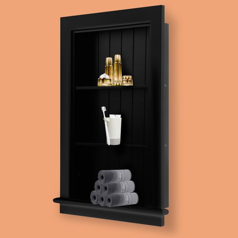 Photo 1 of 14 x 24 Medicine Cabinet Recessed, Wall Niche, Bathroom Wall Cabinet, 3-Tier, Between Studs Shelving for Drywall, Black
