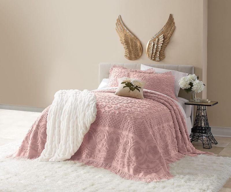 Photo 1 of Montgomery Ward Emily Floral Chenille Bedspread, Soft Cotton Comforter Set, Queen Size Quilt - Luxury Hotel Bedding, Queen Bedspread (Blush, Queen)
