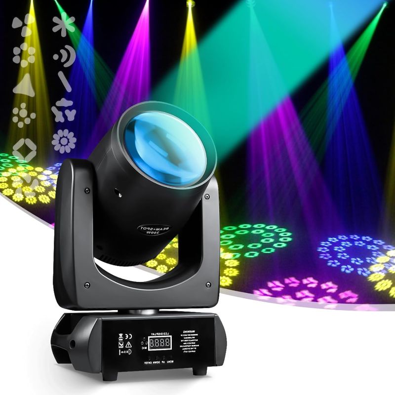 Photo 1 of Moving Head DJ Lights 200W LED Stage Light Beam Spot 24 Rotating Prisms 14 Gobos 11Colors with Sound Activated DMX512 DJ Lighting for Wedding Party Show
