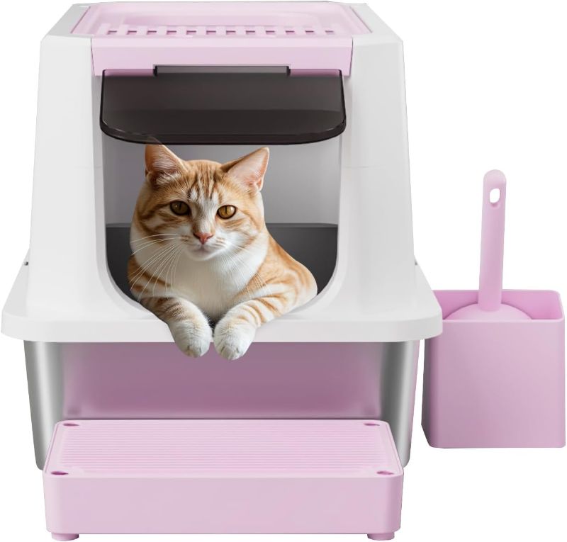 Photo 1 of RIZZARI Stainless Steel Cat Litter Box, Odorless Enclosed Litter Box with Top Holes, Large Litter Pan for Small to Large Sized Cats (Pink, 23.8" L*15.9" W*16.1" H)
