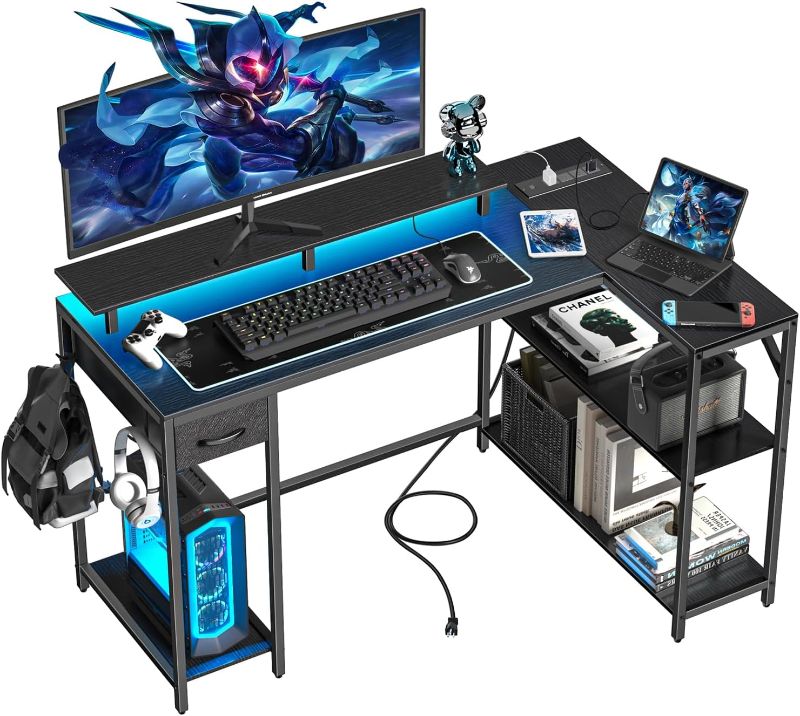 Photo 1 of 47 inch Gaming Desk with Power Outlet & LED Light, Reversible L Shaped Desk, L Shaped Desk with Hook & Monitor Stand, Computer Desk with Drawer and Shelves for Home Office Bedroom
