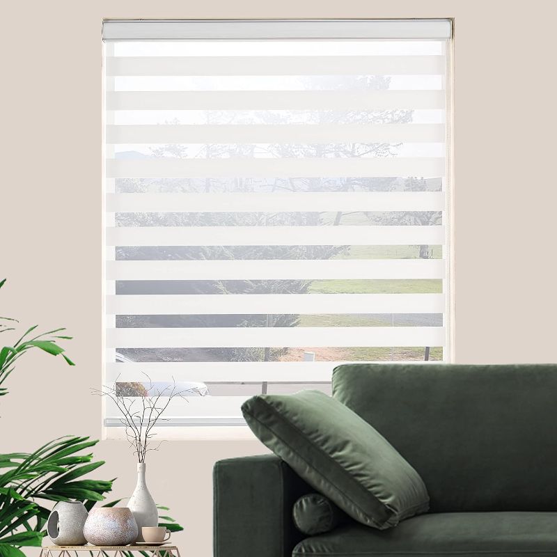Photo 1 of Zebra Roller Shades, Dual Layer Roll Up Blind for Living Room, Semi Sheer Shades Window Privacy Light Control for Day and Night, (Maximum Height 72inch, White Color, Width 28 inch)
