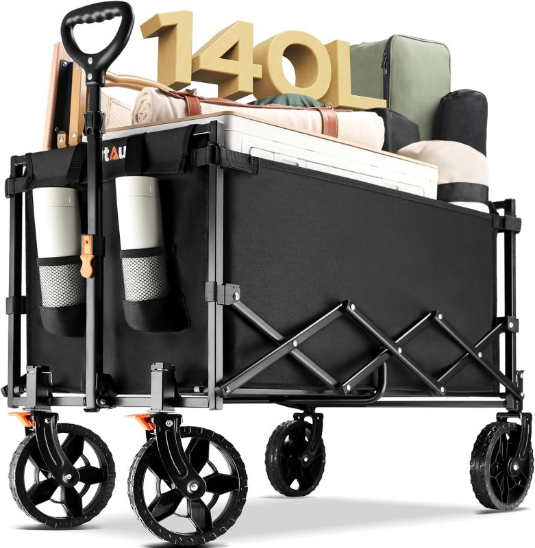 Photo 1 of 140L Collapsible Wagon Cart Foldable, Portable Folding Wagon with Silent Universal Wheels, Utility Grocery Cart for Camping Sports Shopping, Black
