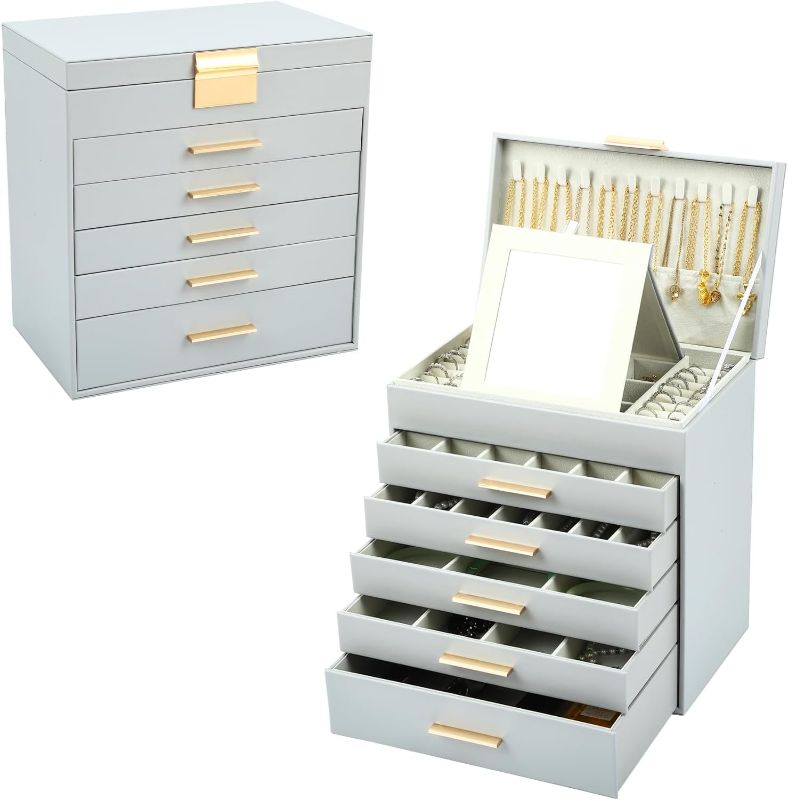 Photo 1 of Large Jewelry Box Organizer - 6 Layer Jewelry Holder Organizer with Mirror for Necklace, Earrings and Bracelets Storage, Jewelry Boxes & Organizers for Women (6 layer Gray)
