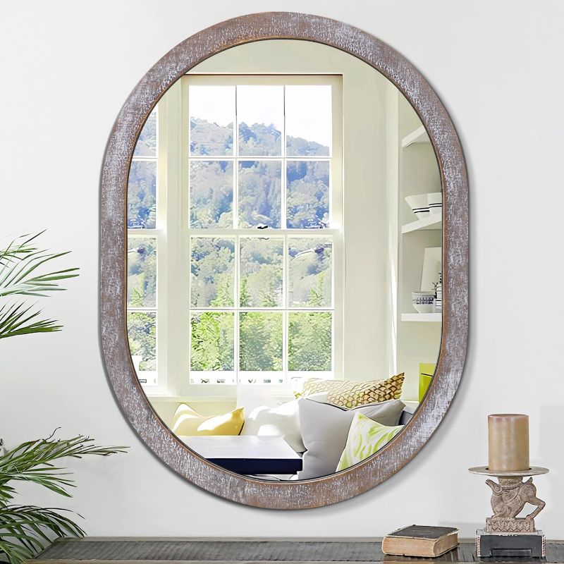 Photo 1 of Large Oval Wall Mirror 26 x 18 Inch Rustic Brown Mirror for Bathroom, Hanging Vanity Oval Mirror for Vanity Living Room Entryway Bedroom More
