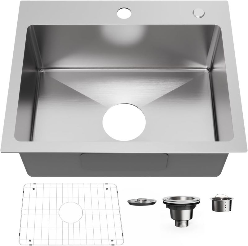 Photo 1 of 20" x 16" Drop in Kitchen Sink 304 Stainless Steel Single Bowl Topmount Kitchen Sink with Drain Kit and Bottom Grid, Brushed
