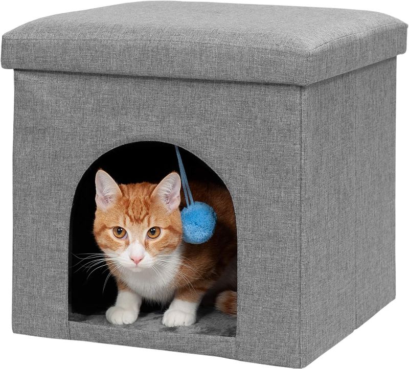 Photo 1 of Furhaven Pet House for Indoor Cats & Small Dogs, Collapsible & Foldable w/ Plush Ball Toy - Living Room Footstool Cat Condo - Stormy Gray, LARGE 
