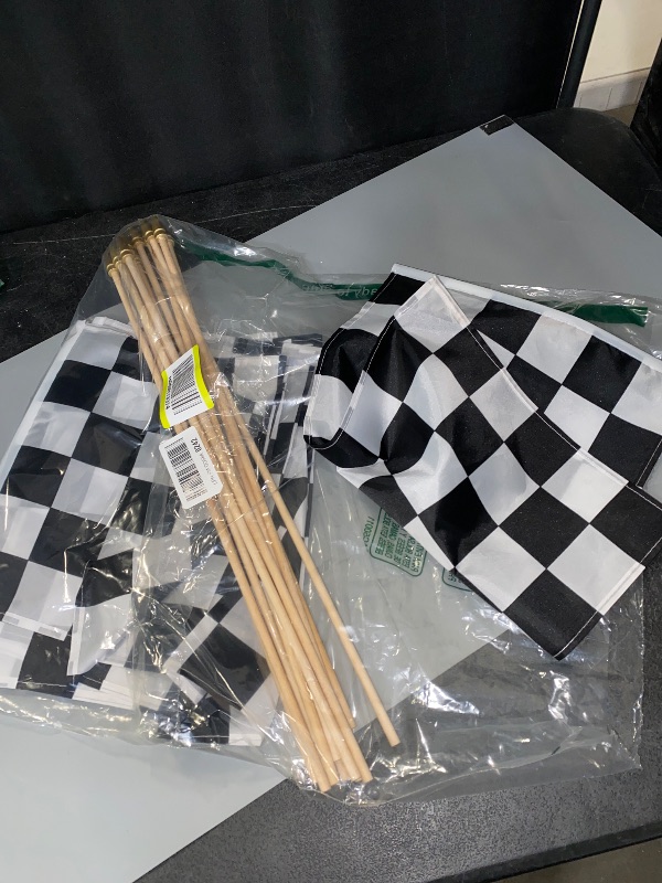 Photo 1 of 12 Pack Checkered Small Stick Flag 12x18 Inch Black and White Racing Hand Held Race Car Flags Decorations
