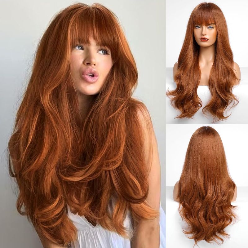 Photo 1 of HAIRCUBE Auburn Wig with Bangs for Women Auburn Long Wavy Hair Wig Wig Curly Wavy Synthetic Wigs for Girls Daily Party Use aslc9056-2
