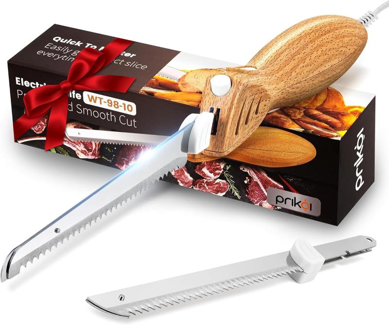 Photo 1 of Electric Knife - Easy-Slice Serrated Edge Blades Carving Set for Meat, Bread, Turkey, Ribs, Fillet, DIY, Ergonomic Handle + 2 Blades for Raw & Cooked Food(Faux Wood)

