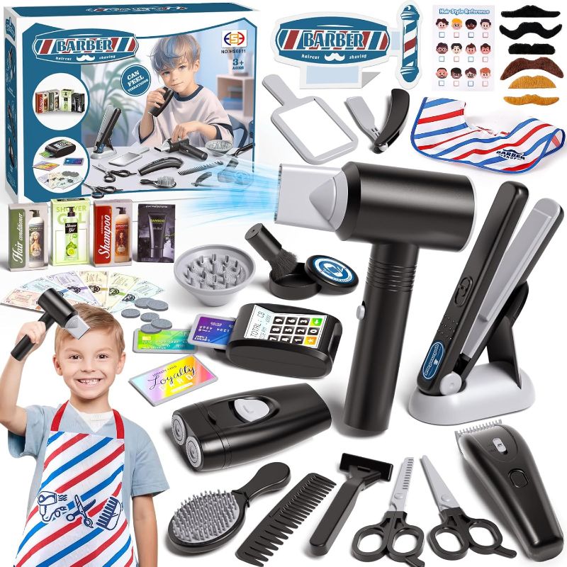 Photo 1 of G.C 52Pcs Kids Hair Salon Toys Barber Kit Toddler Pretend Play Hair Cutting Boys Shaving Set with Hairdryer Shaver Razor Flat Iron Clipper Apron Scissors Styling Accessories Birthday Gifts
