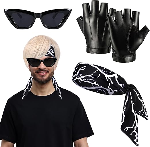 Photo 1 of 4 Pcs Mens Costume Short Blonde Wig Men Lightning Headband Black Sunglasses Gloves Set for Adult Halloween Coplay Party Accessories
