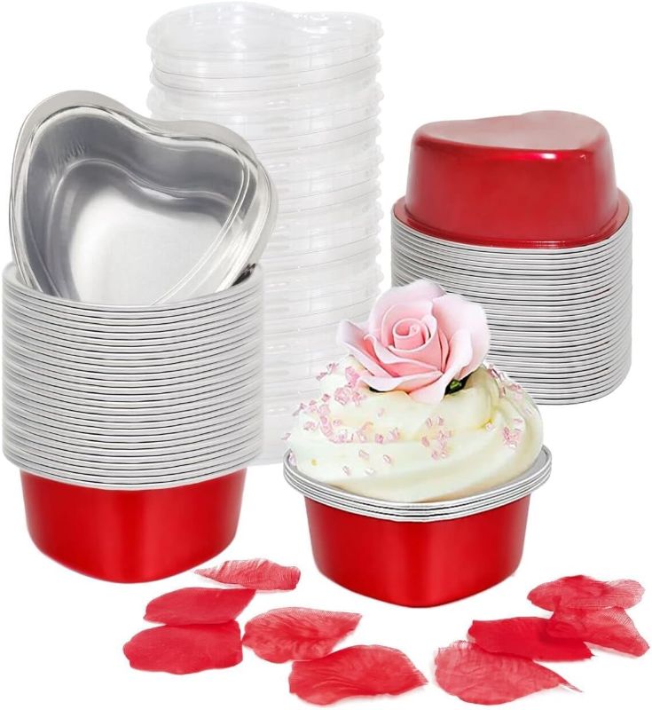 Photo 1 of Heart Shaped Cake Pans for Baking with Red Petals, BLVRYVIO 50 Sets Aluminum Cupcake Cups with Lids, 100 ml/ 3.5 Ounces Red Disposable Mini Foil Pans for Valentine's Day Wedding Parties

