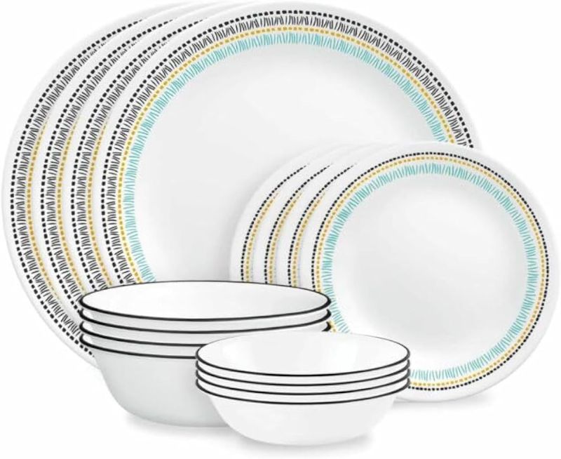 Photo 1 of Corelle® Paloma 16-Piece Dinnerware Set, Service for 4, Black, Aqua, Goldenrod
