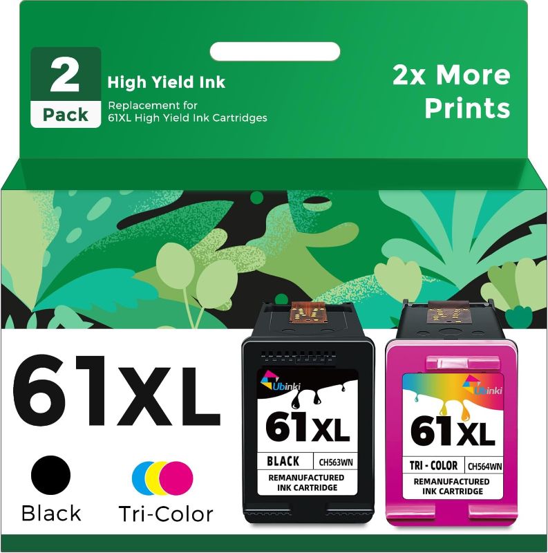 Photo 1 of Compatible 61XL 61 XL Ink Cartridge Replacement for HP Envy 5530 3510 4500 4635 2620 4630 5535 2540 4502 3050 1510 4632 4501 2542 2514 3050a 4610 1000 1010 1510 3512, Black, Tri-Color, 2-Pack
