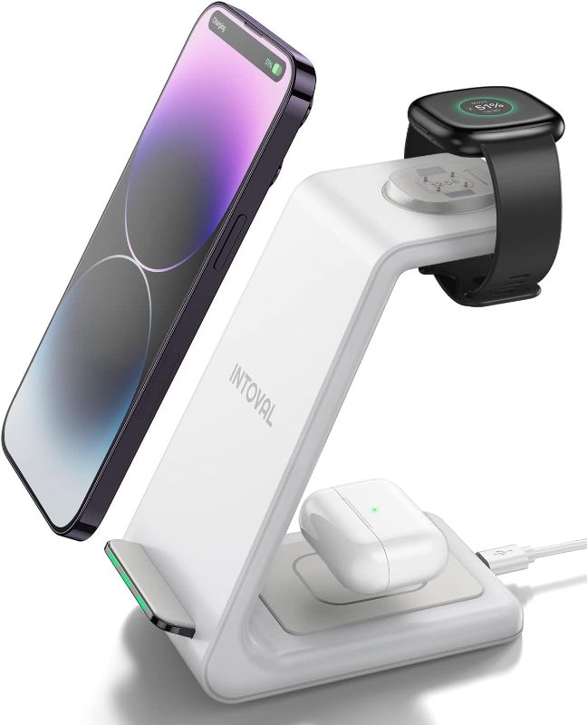 Photo 1 of Intoval Wireless Charger for Fitbit Sense 2/Sense/Versa 4/Versa 3, 3 in 1 Wireless Charging Station for iPhones, Androids, Airpods (V3F, White)
