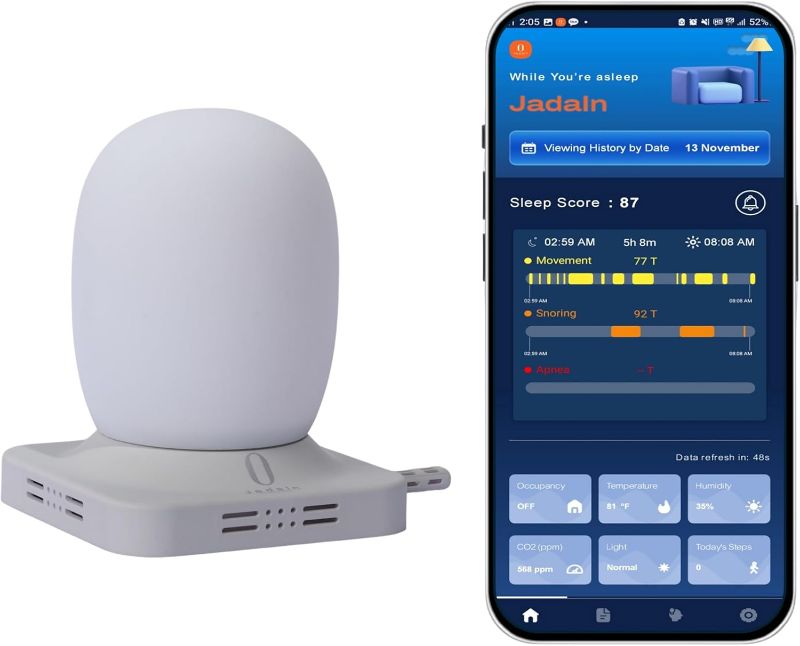 Photo 1 of AI Non Wearable Sleep Tracker, Sleep Inducing Light, AI Wake Up Light, Real Time Room Condition[T&H, Co2, Light], Sleep Analysis with App, Snoring/Apnea Detection, No Subscription.
