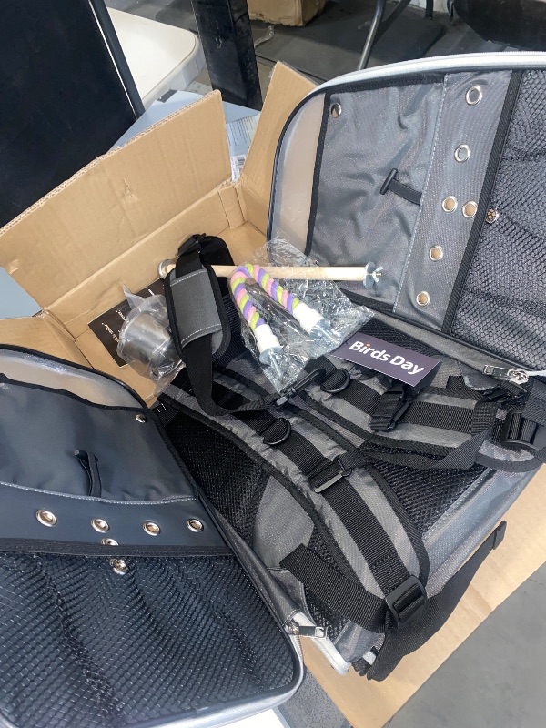 Photo 1 of Bird Carrier Backpack-Parrot Travel Cage with 2PCS Perch and Food Bowl, Stainless Steel Tray (Charcoal Gray, Small to Medium Birds)

