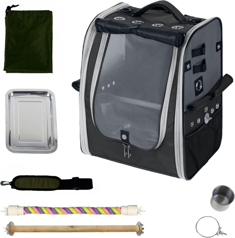 Photo 1 of Bird Carrier Backpack-Parrot Travel Cage with 2PCS Perch and Food Bowl, Stainless Steel Tray (Charcoal Gray, Small to Medium Birds)
