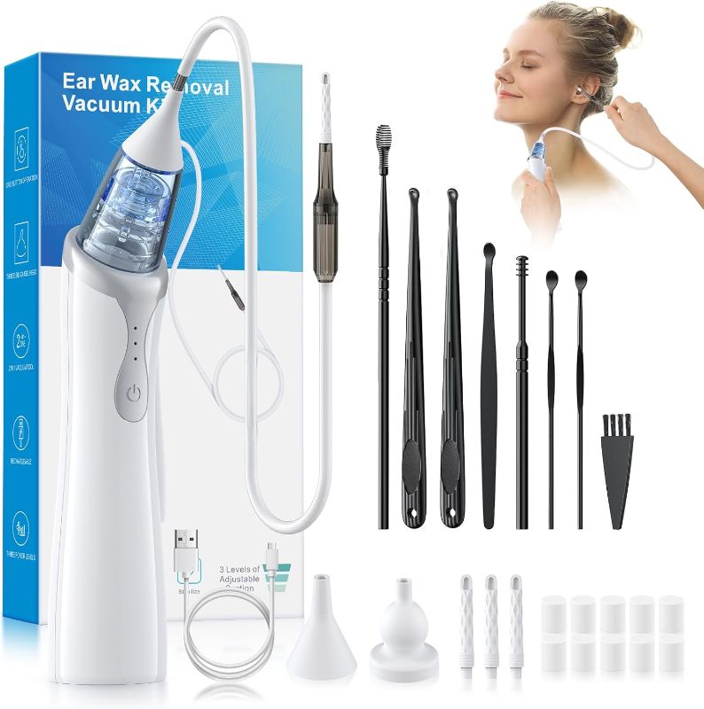 Photo 1 of Ear Vacuum Wax Removal Tool with 8 Pcs Ear Pick, Strong Suction Earwax Removal Kit with Charging Cable, Ear Suction Device for Adults and Kids (White)
