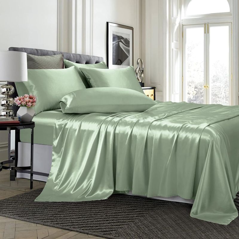 Photo 1 of TWEEN 3 Piece Satin Sheets Full Size - Silky Smooth Sage Green Set With Deep Pocket, Fitted Sheet, Flat Sheet, 1 Pillowcases