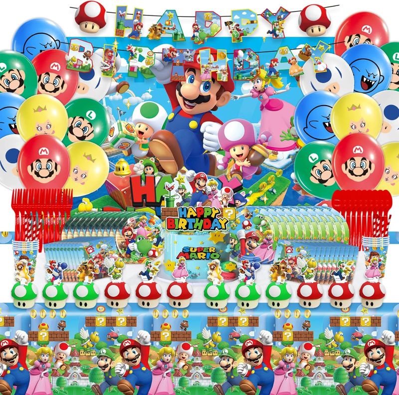 Photo 1 of Mario Birthday Party Supplies, 154 PCS Mario Party Decoration Set, Serves 10 Guests and Includes Tableware, Dinner Plates, Cups, Napkins, Table Cover, Banner Decor and More