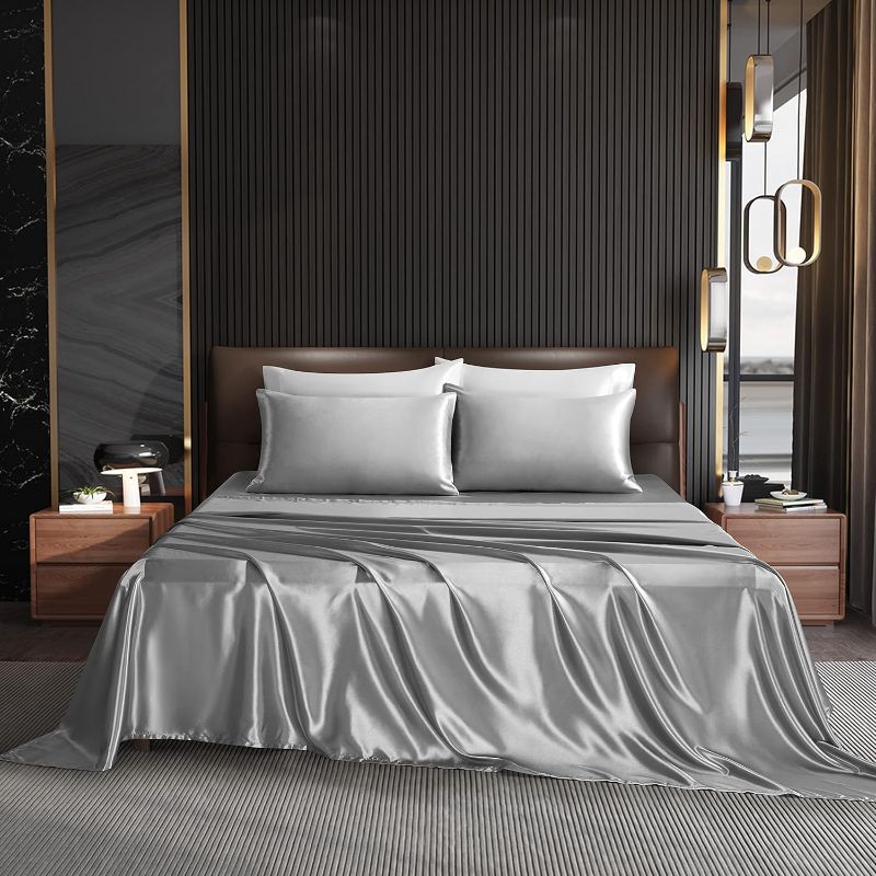 Photo 1 of NA HommxJF 3PCS Light Gray Satin Sheets Twin Size Silky Sheets Sets Bedding Sets with 1 Flat Sheet+1 Deep Pocket Fitted Sheet+1 Pillowcase

