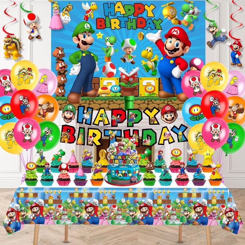 Photo 1 of Mario Birthday Party Supplies, Party Decorations Set Include Banner, Backdrop, Balloons, Hanging Swirls, Cake Cupcake Toppers, Tablecloth for Boys Girls Mario Theme Party
