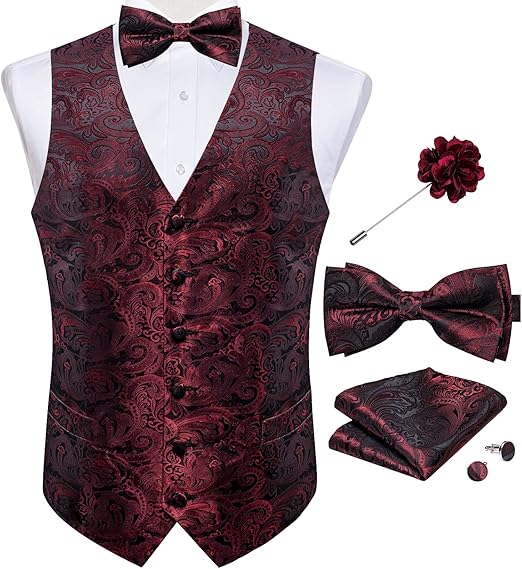 Photo 1 of MEDIUM- Mens Paisley Suit Waistcoat,Silk Dress Vest and Bowtie Pocket Square Cufflinks with Lapel Pin Set for Wedding Tuxedo