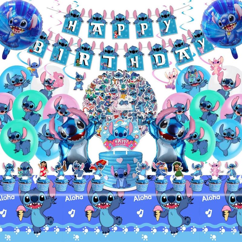 Photo 1 of 103 Pcs Cute Birthday Party Decorations, Party Supplies Include Happy Birthday Banner, Tablecloth, Balloons, Hanging Swirls, Cake Toppers, Cartoon Party Celebrate Supplies
