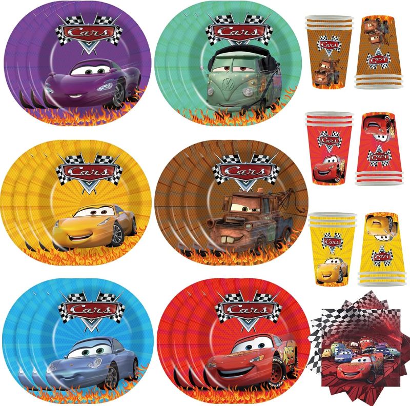 Photo 1 of Cars Birthday Party Supplies Cars Plates and Napkins for Lighting Mcqueen Birthday Decorations Includes 30 Plates, 30Napkins and 30Cups for Boy Girl Cars Birthday Decorations
