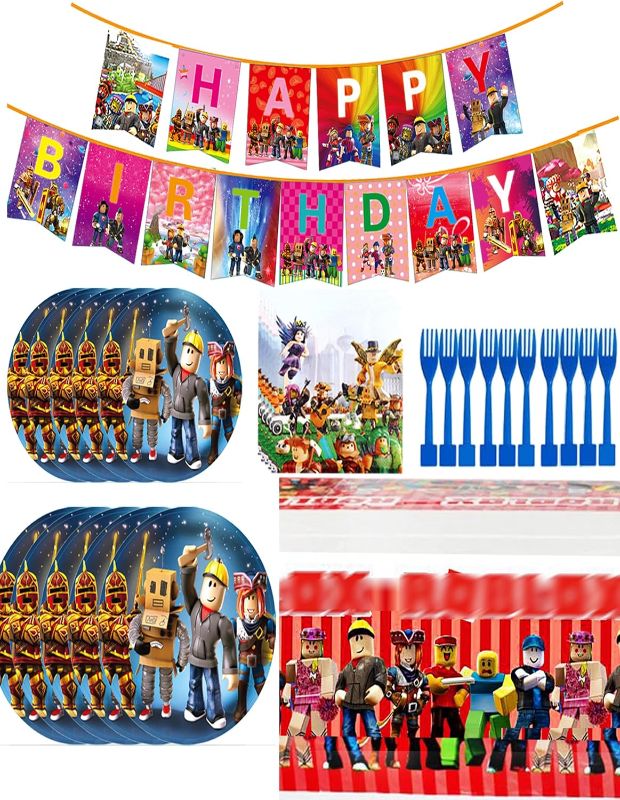 Photo 1 of Party Supplies Party Favors Robot Birthday Party Decorations for 10 Guests, Including Disposable Banner, Forks, Paper Plates, Napkins and Tablecloths Pack Set