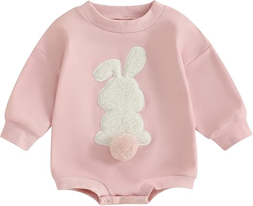 Photo 1 of 3-6M- Easter Baby Girl Clothes Fuzzy Bunny Embroidery Romper Sweatshirt Bubble Jumpsuit Toddler Baby Girl Outfit
