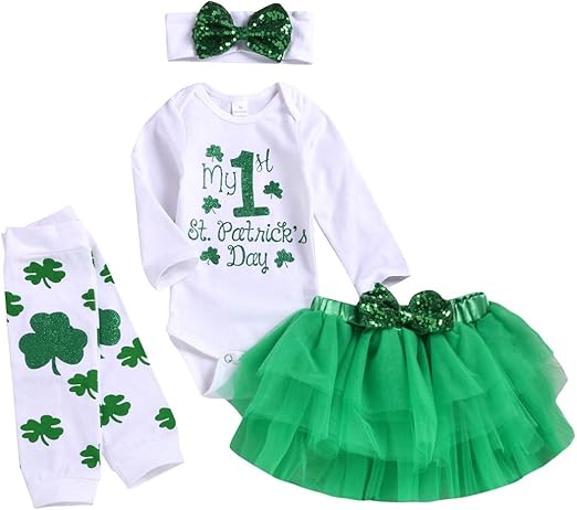 Photo 1 of 3-6M- XFGLCK Newborn Baby Girls My 1st St.Patrick's Day Outfit Shamrock Rompers+ Tutu Tulle Skirt + Headband Outfits Set
