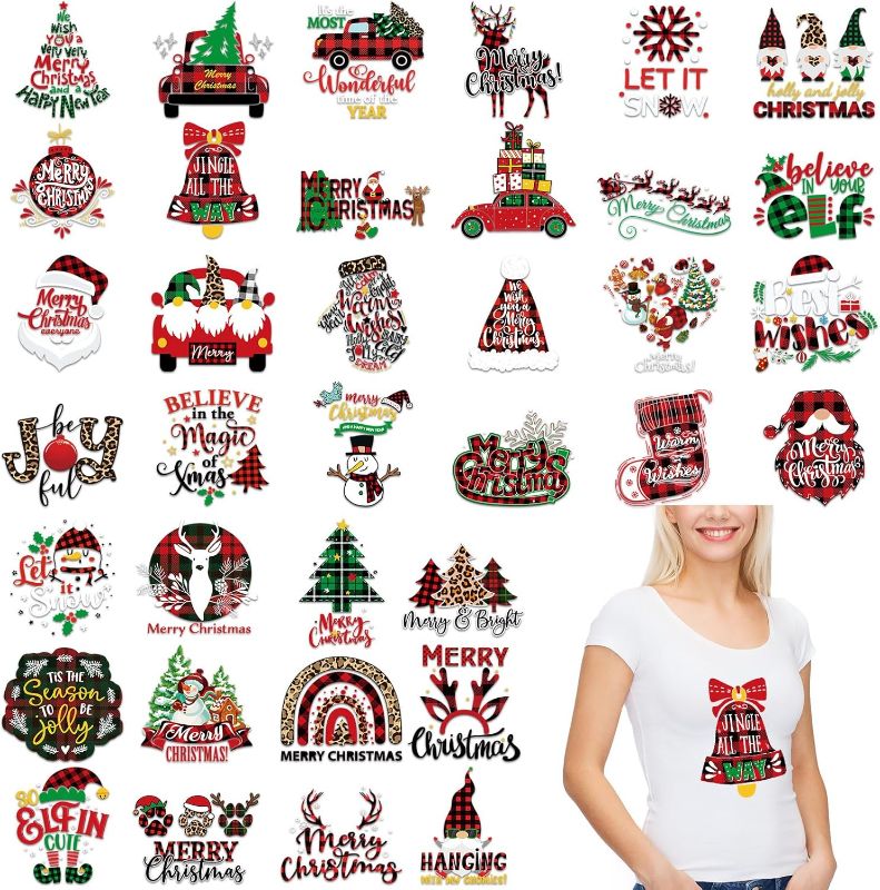 Photo 1 of 36 Sheets Christmas Iron on Transfers for T-Shirt Christmas Vinyl Iron on Patch Santa Claus Heat Transfer Vinyl Sticker Christmas HTV Iron on Transfer Fabric DIY Craft Supplies (elk, Tree, Snowman)
