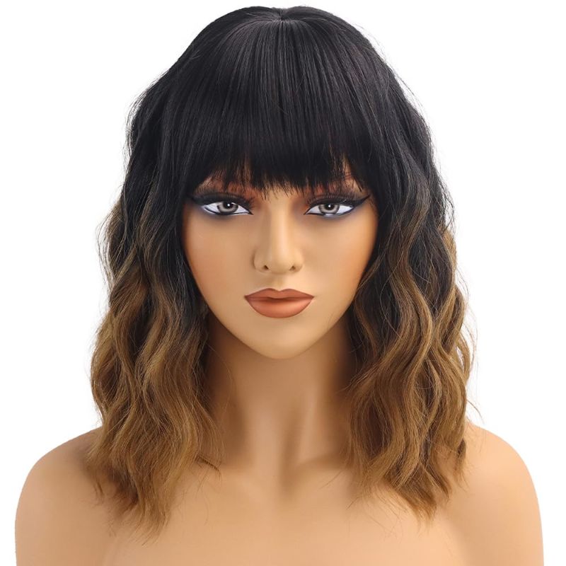 Photo 1 of Ombre Brown Short Wavy Wigs with Bangs for Women Natural Looking Curly Bob Wig Shoulder Length Water Wave Wig Heat Resistant Synthetic Wig for Daily Party Use



