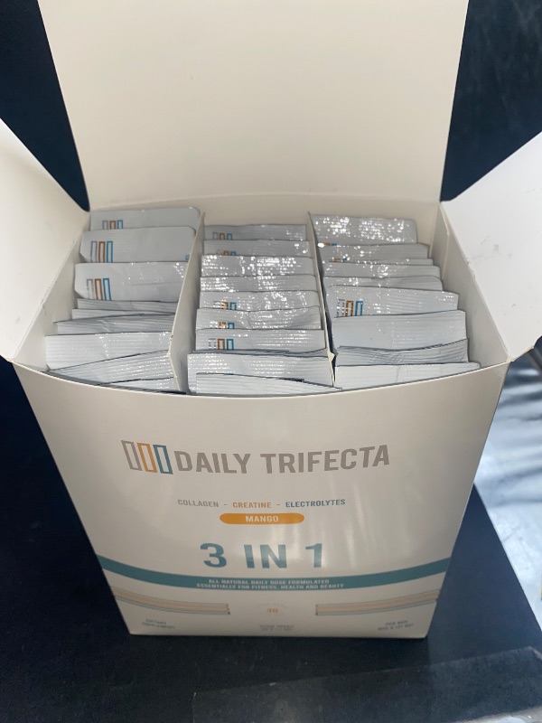 Photo 1 of MANGO** DAILY TRIFECTA 3 in 1 Collagen Type I, Creatine Monohydrate and Electrolyte Packets | All Natural with Zero Sugar | Formulated in 30 Stick Packs | Essential for Fitness, Health & Beauty