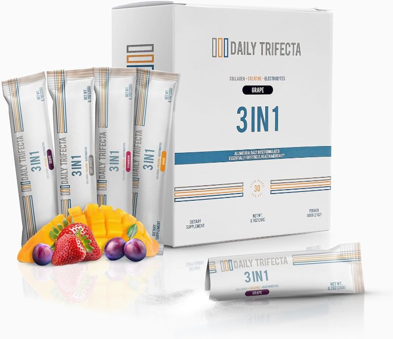 Photo 1 of MANGO** DAILY TRIFECTA 3 in 1 Collagen Type I, Creatine Monohydrate and Electrolyte Packets | All Natural with Zero Sugar | Formulated in 30 Stick Packs | Essential for Fitness, Health & Beauty