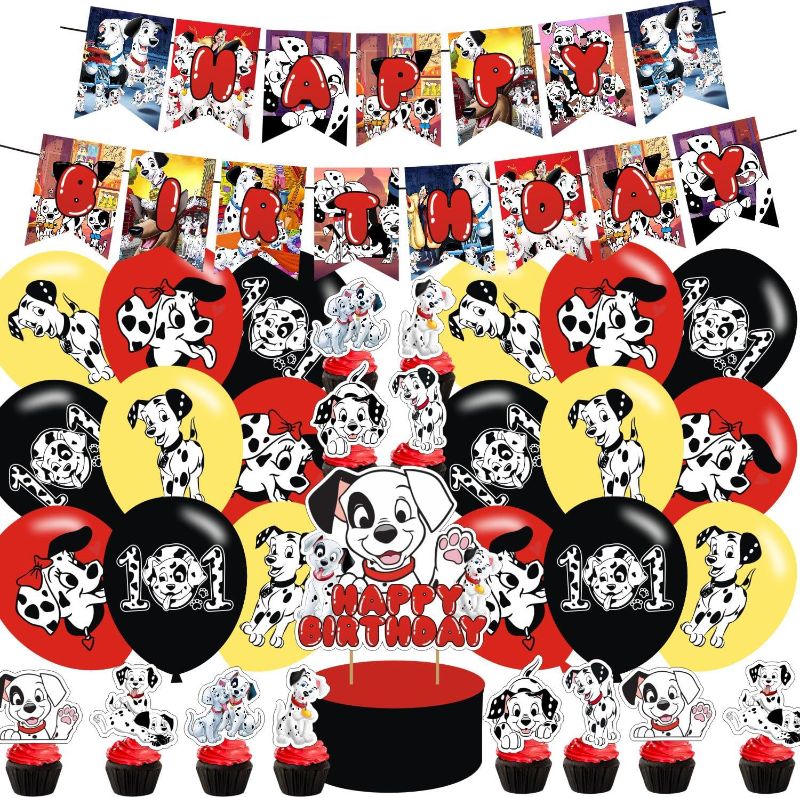 Photo 1 of 101 Dogs Birthday Party Supplies: Cake Caps, Cupcake Caps, Flags, Latex Balloons - Red, Black, White - Dog Themed - Includes 12 Cupcake Toppers, 1 Big Cake Topper, Banner, 18" Balloons
