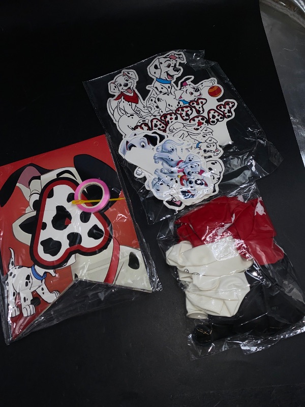 Photo 1 of 101 Dogs Birthday Party Supplies: Cake Caps, Cupcake Caps, Flags, Latex Balloons - Red, Black, White - Dog Themed - Includes 12 Cupcake Toppers, 1 Big Cake Topper, Banner, 18" Balloons
