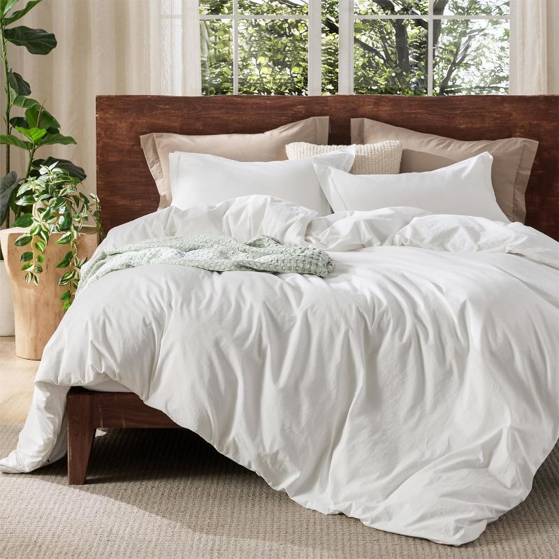 Photo 1 of Bedsure 100% Washed Cotton Duvet Cover Queen Size - Natural White Minimalist Duvet Cover for All Seasons - GentleSoft™ Plain Simple Cotton Bedding Set with 2 Pillow Shams (White, Queen, 90"x90")
