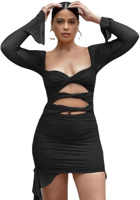 Photo 1 of SMALL- GLNEGE Female Sexy Hollowed Out Mini Skirt Body Sheer Mesh Long Sleeve One Shoulder Wrap Dress Summer Party Club Dress