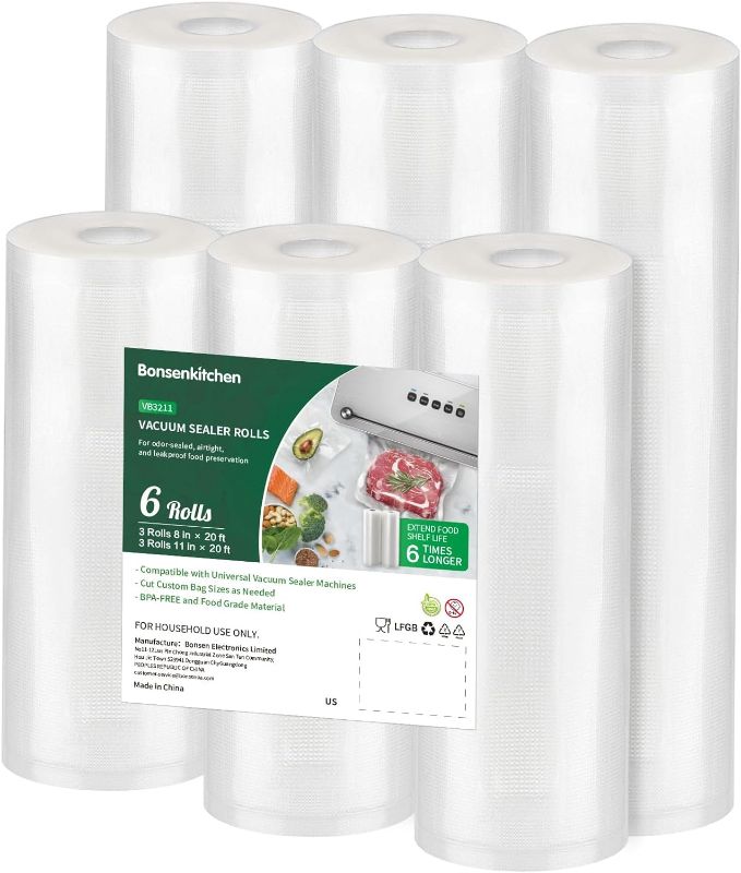 Photo 1 of Bonsenkitchen Vacuum Sealer Rolls Bags, 6 Pack 3 Rolls 11" x 20' + 3 Rolls 8" x 20' Commercial Grade BPA Free Bag Rolls, Durable Customized Size Food Vac Bags for Storage and Sous Vide Cooking VB3211
